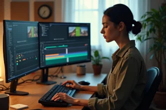 Monteuse vidéo hésitant sur le raccourci clavier pour annuler une action dans un logiciel de montage non linéaire