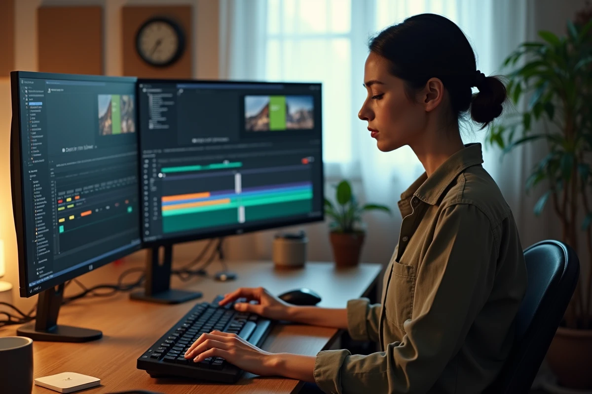 Monteuse vidéo hésitant sur le raccourci clavier pour annuler une action dans un logiciel de montage non linéaire