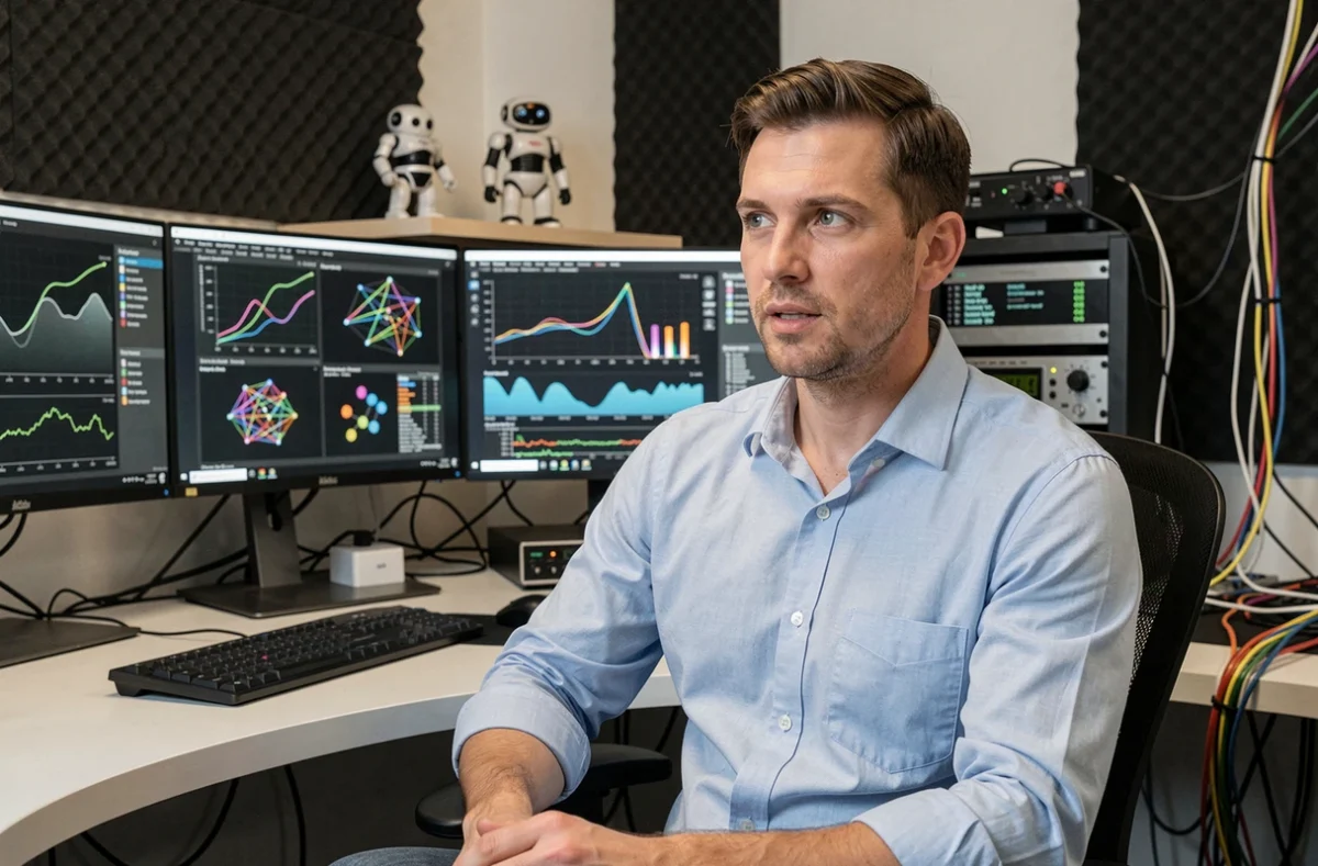 Data scientist de MyAiFactory travaillant sur des visualisations de modèles d'intelligence artificielle dans un espace de recherche