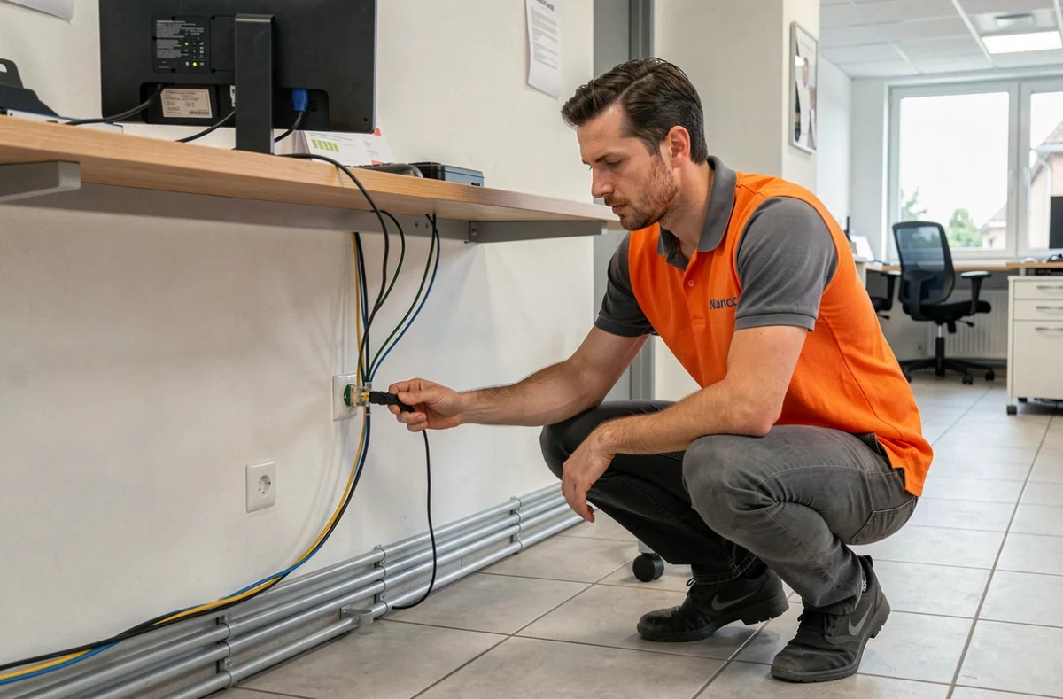 Technicien Nancy Dépannage connectant des câbles réseau sous un bureau dans un bureau professionnel à Nancy