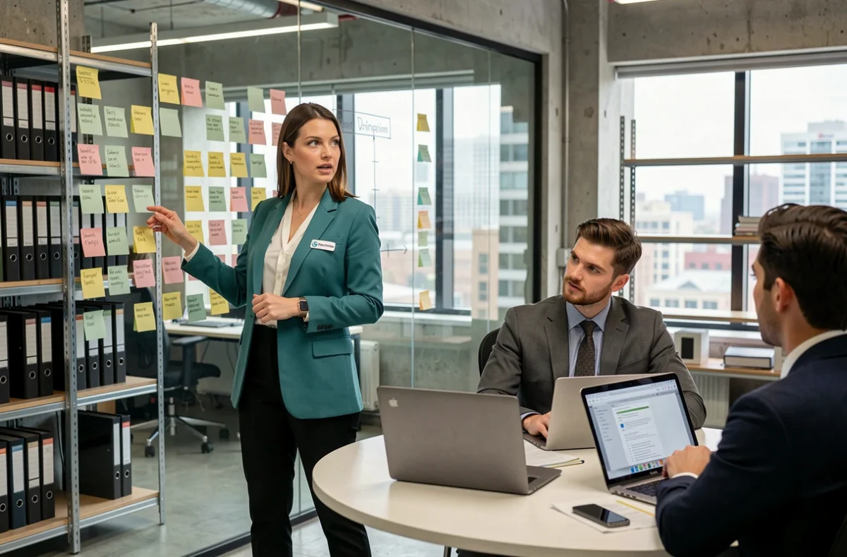 Chef de projet de Neurones Normandie animant une réunion agile devant un tableau Kanban dans une war room moderne