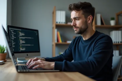 Homme travaillant sur un PC avec un terminal système ouvert pour optimiser les performances de l'ordinateur