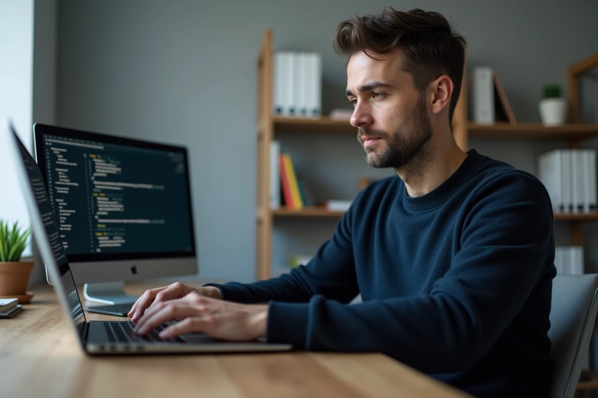 Homme travaillant sur un PC avec un terminal système ouvert pour optimiser les performances de l'ordinateur