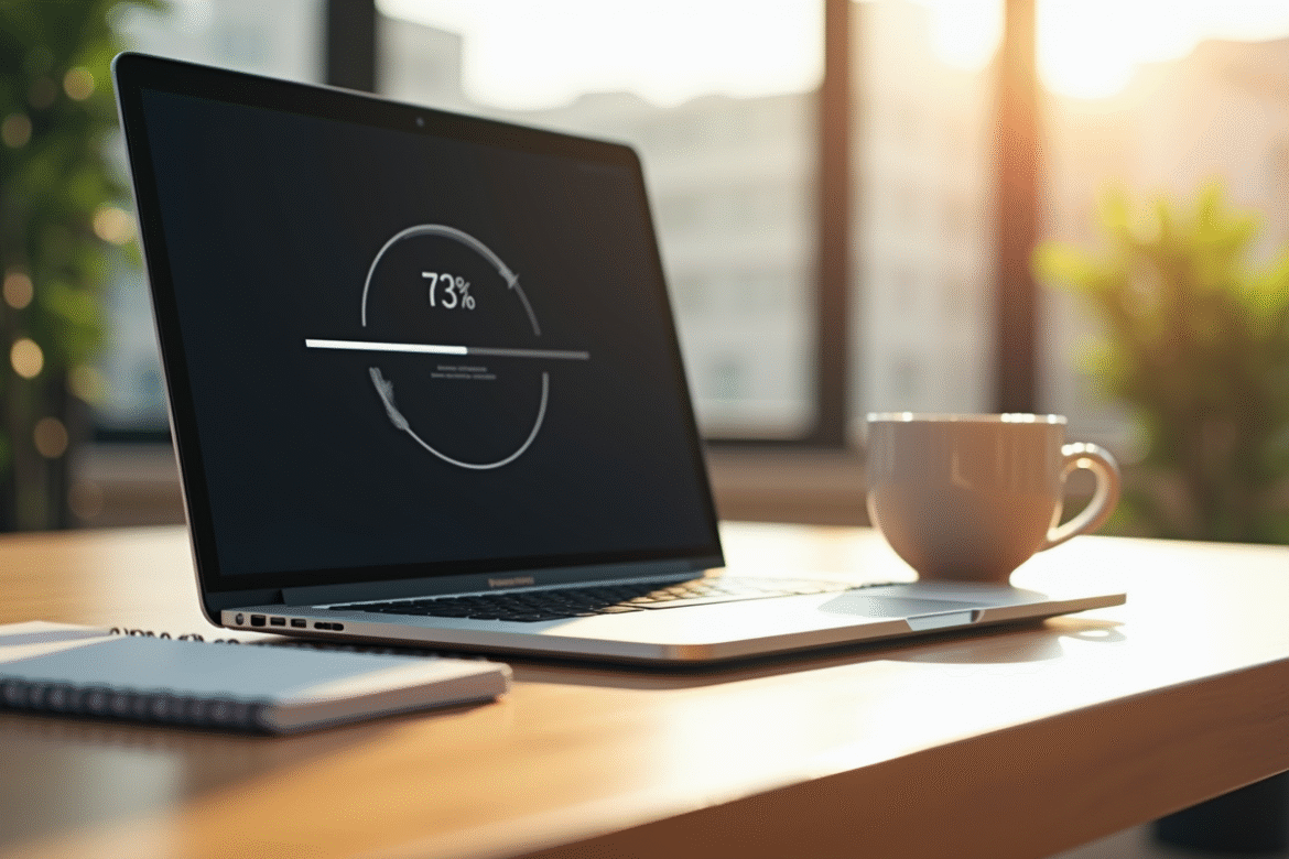 Ordinateur portable moderne sur un bureau lumineux avec progression site