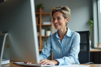 Femme professionnelle organisant sa boîte mail Webmel sur un ordinateur de bureau dans un open space moderne