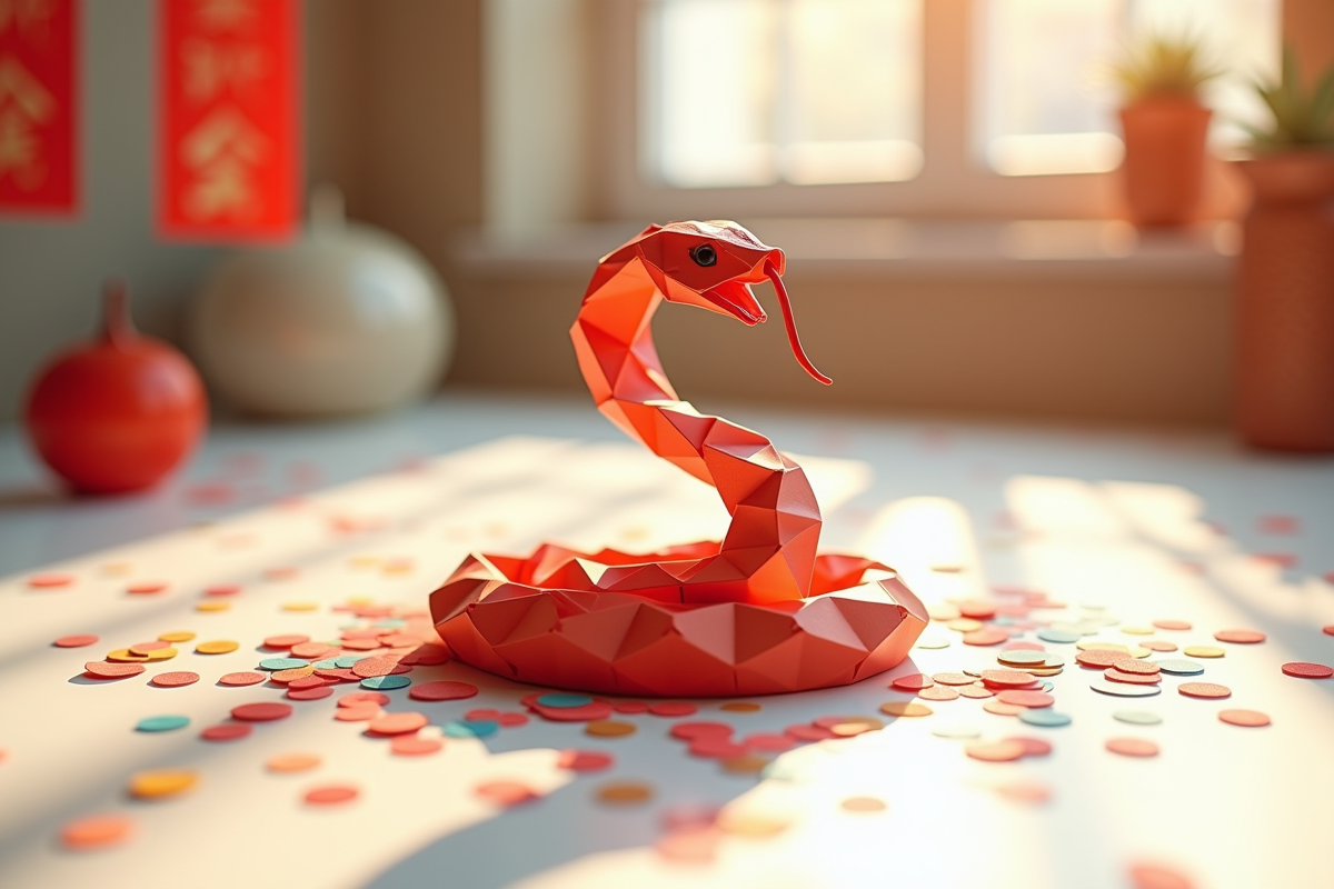 Origami serpent en papier avec confettis et decorations année du serpent