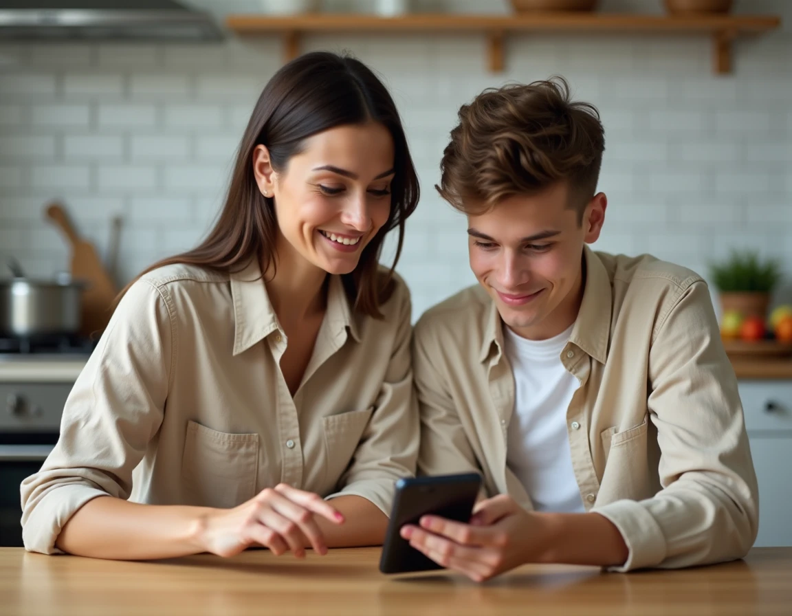 Mère et adolescent consultant ensemble l'ENT Oze 92 sur smartphone à la maison