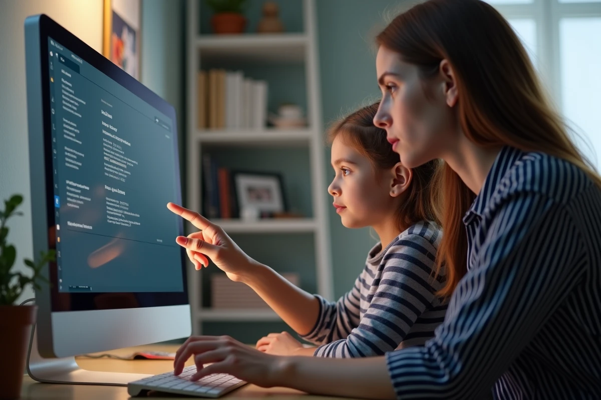 Mère et fille consultant ensemble les paramètres de sécurité d'un serveur Minecraft