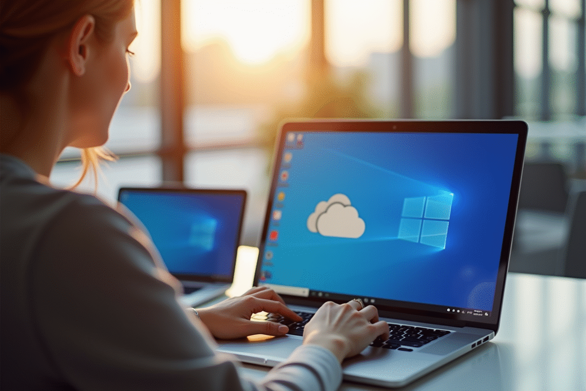 Personne utilisant un bureau lumineux avec un laptop affichant OneDrive