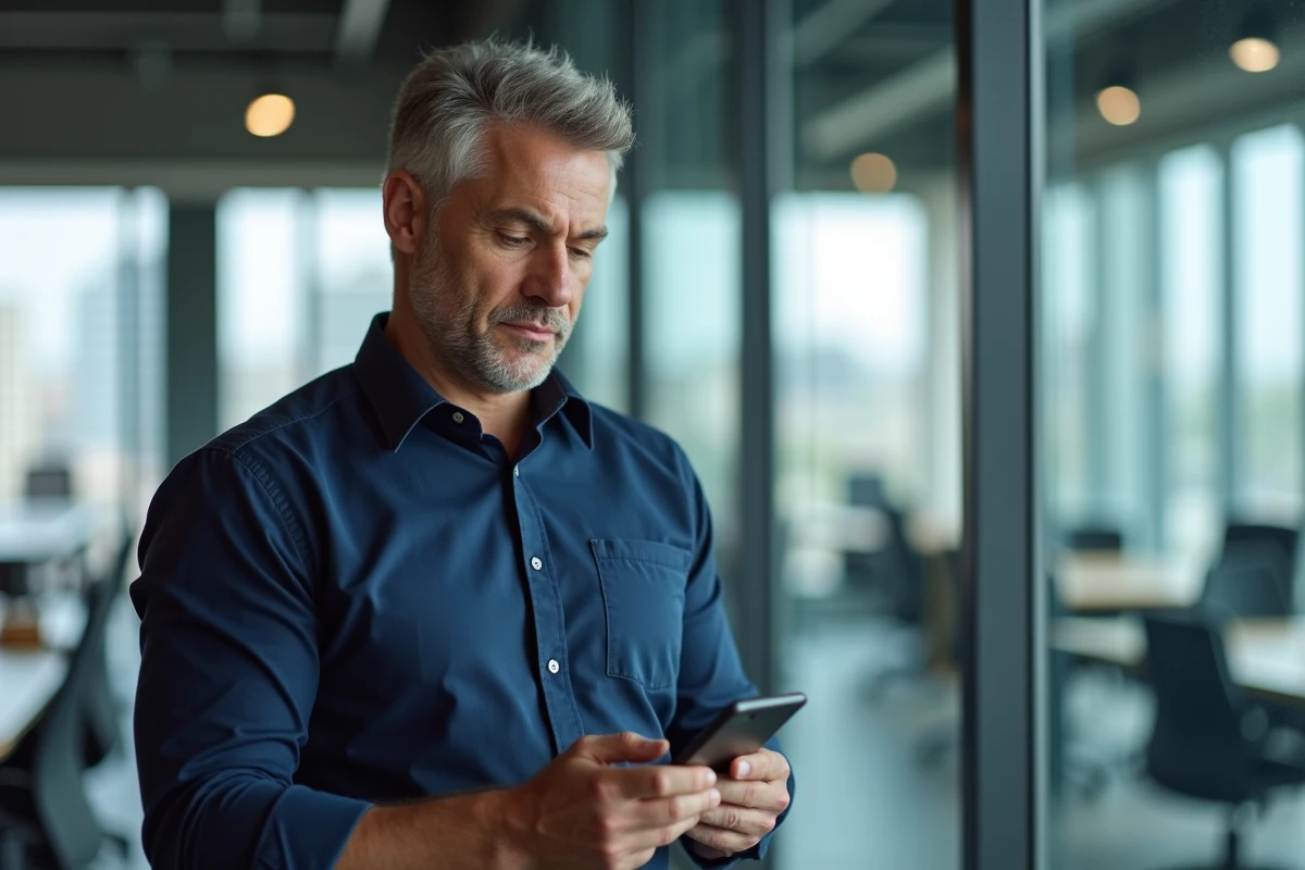 Professionnel masculin évaluant une application sur smartphone dans un bureau contemporain avec vue urbaine