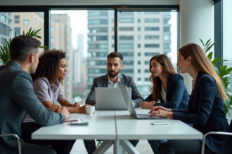 Groupe de professionnels discutant CRM en réunion