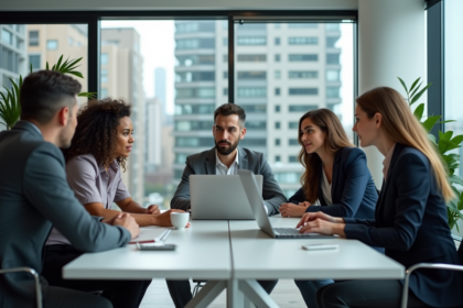 Groupe de professionnels discutant CRM en réunion