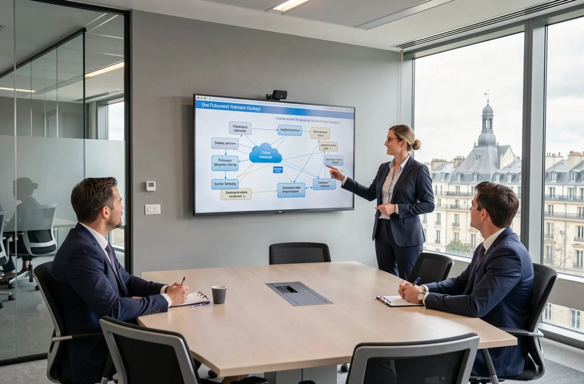 Consultante de Provectio présentant une architecture réseau à des clients dans une salle de réunion moderne