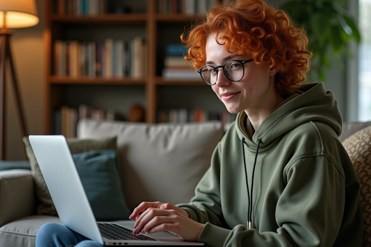 Jeune personne saisissant le raccourci clavier pour le tilde sur un MacBook Air dans un salon