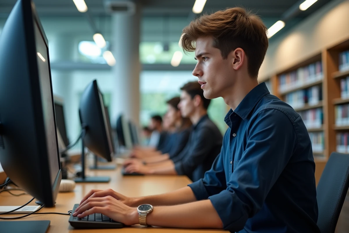 Étudiant consultant un email de récupération de mot de passe ESIGELEC sur un ordinateur de bureau en bibliothèque universitaire