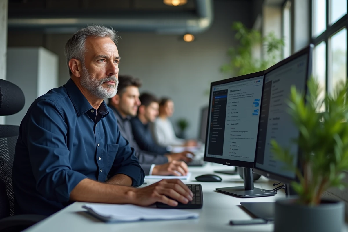 Homme en bureau open space récupérant des emails supprimés tout en gérant la confidentialité de ses données