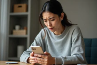 Femme consultant son iPhone avec une galerie de photos vide, tentant de récupérer des photos supprimées définitivement