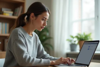 Femme concentrée récupérant un mail supprimé sur son ordinateur portable dans un bureau à domicile