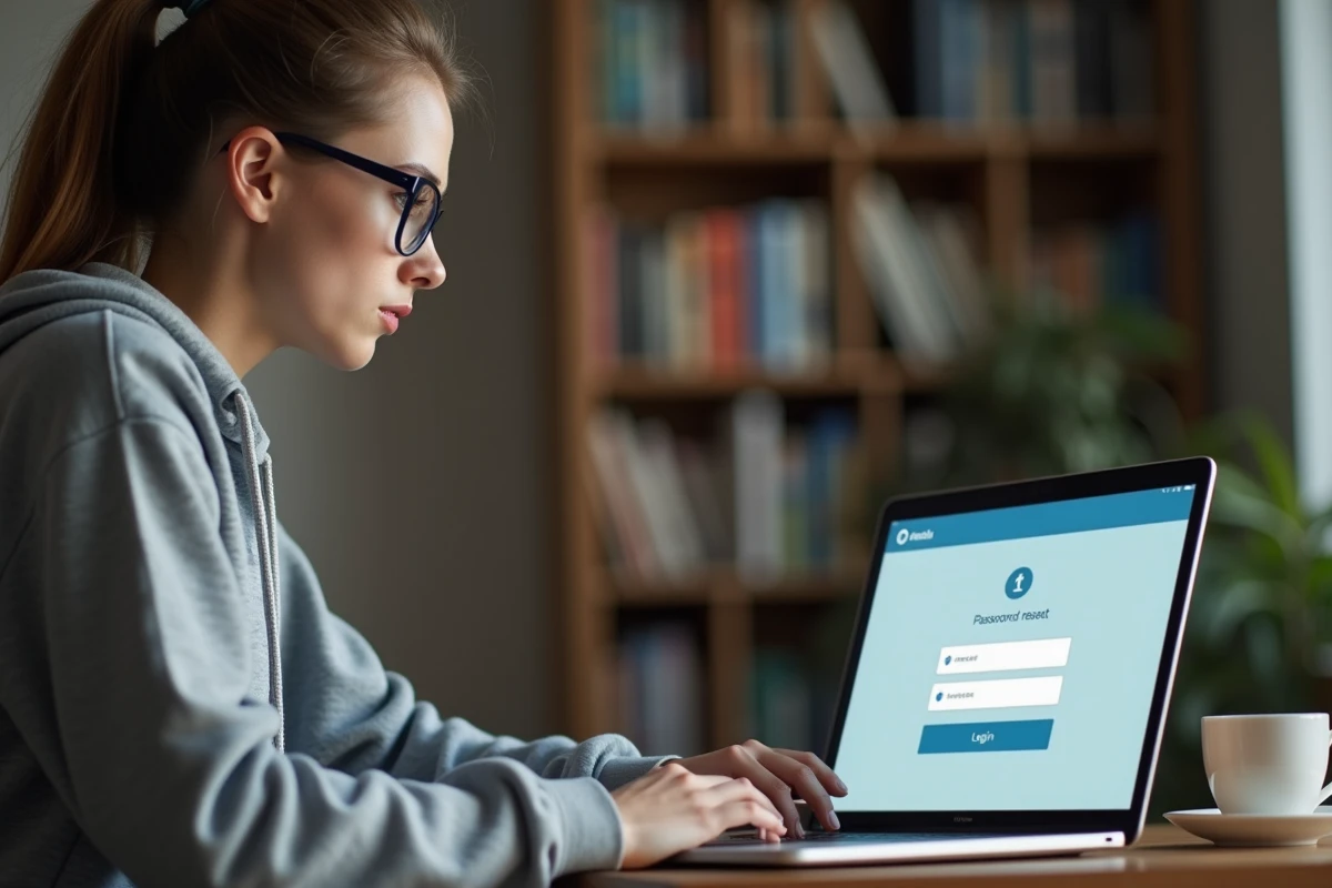 Étudiante frustrée tentant de réinitialiser son mot de passe sur la plateforme eservice ESIGELEC depuis son bureau universitaire