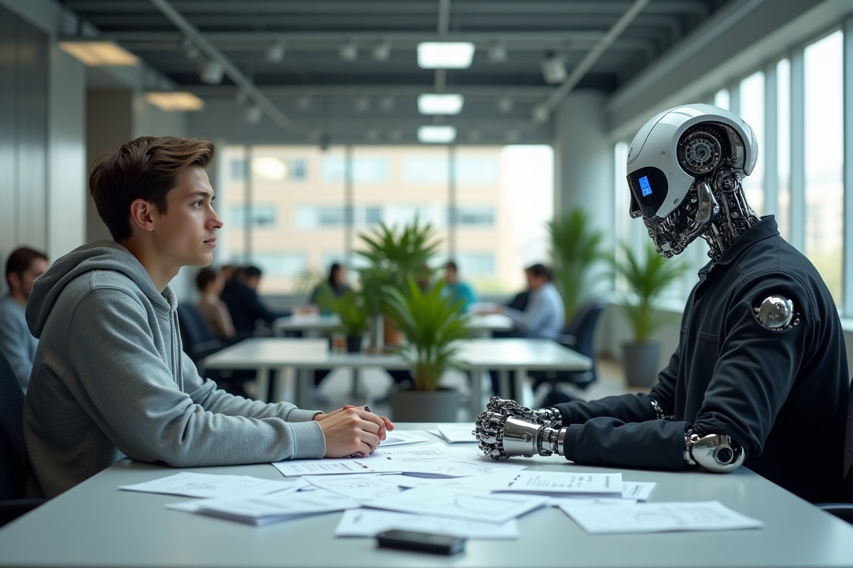 Robot humanoide et jeune homme discutant au bureau moderne