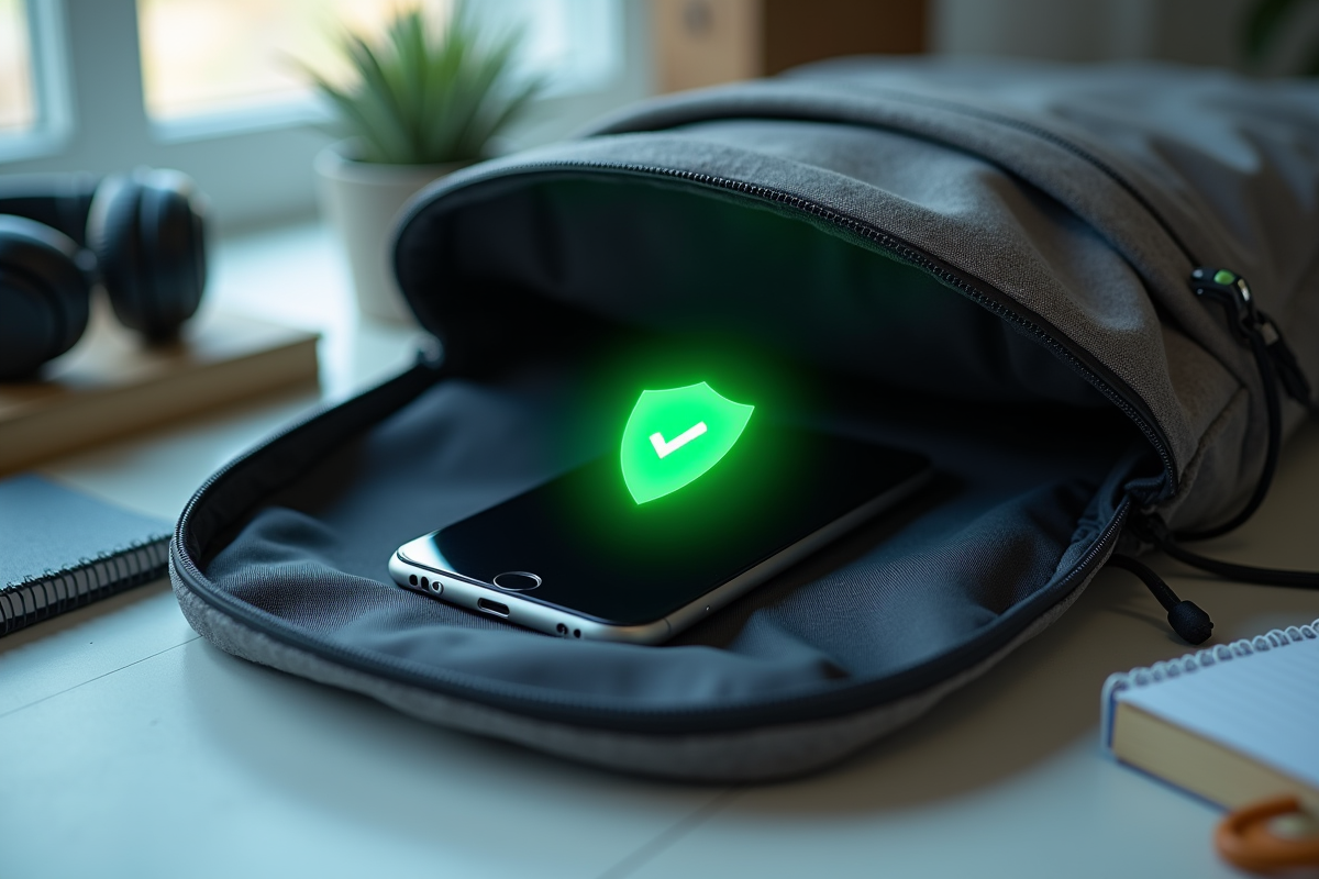 Sac a dos ouvert avec smartphone et accessoires sur une table claire