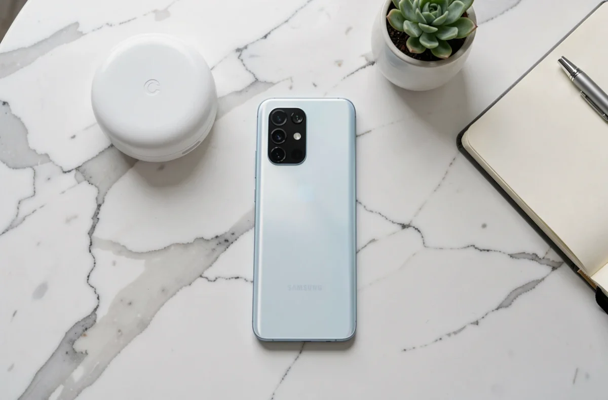Samsung Galaxy A55 posé sur un bureau en marbre blanc avec chargeur sans fil et carnet, vue de dessus