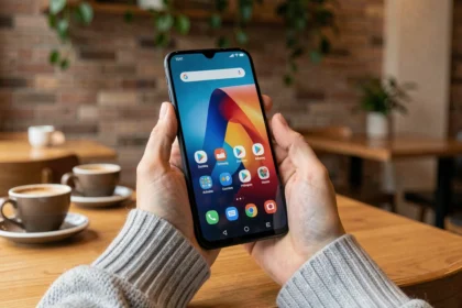 Jeune femme tenant un Samsung Galaxy A55 dans un café moderne, affichant son écran Android coloré