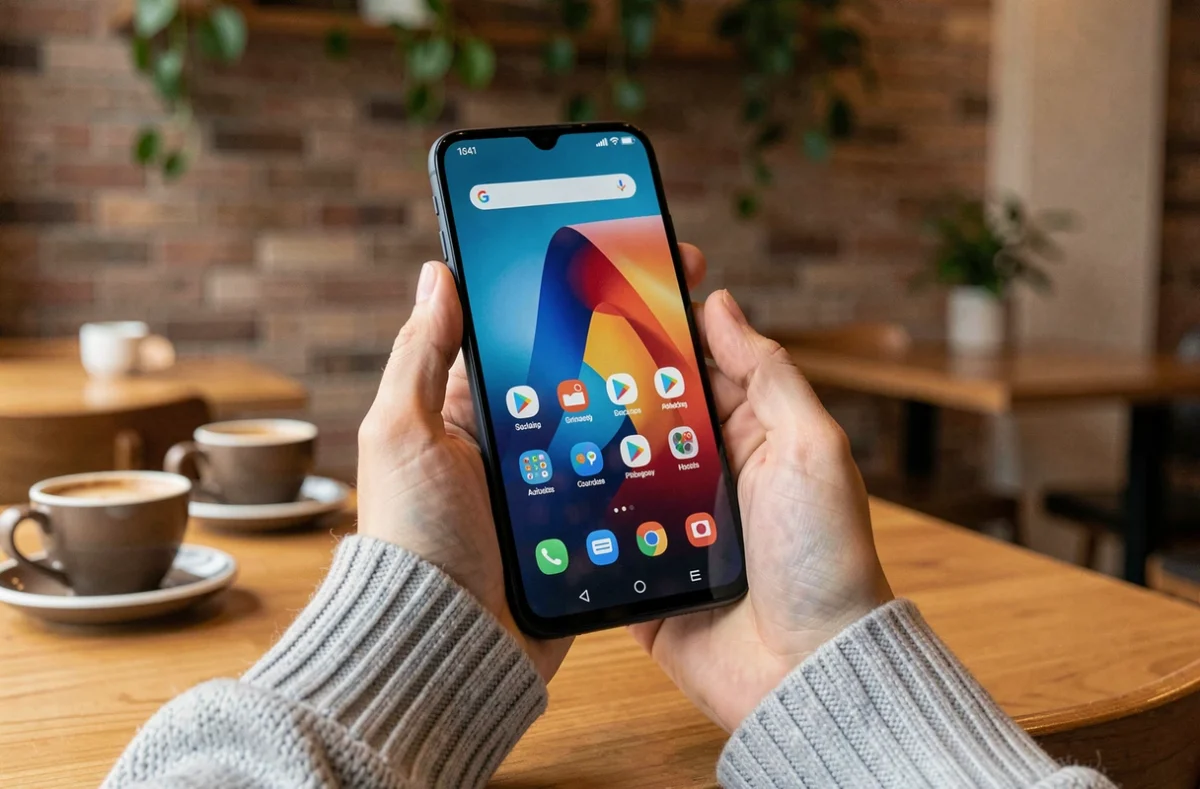 Jeune femme tenant un Samsung Galaxy A55 dans un café moderne, affichant son écran Android coloré