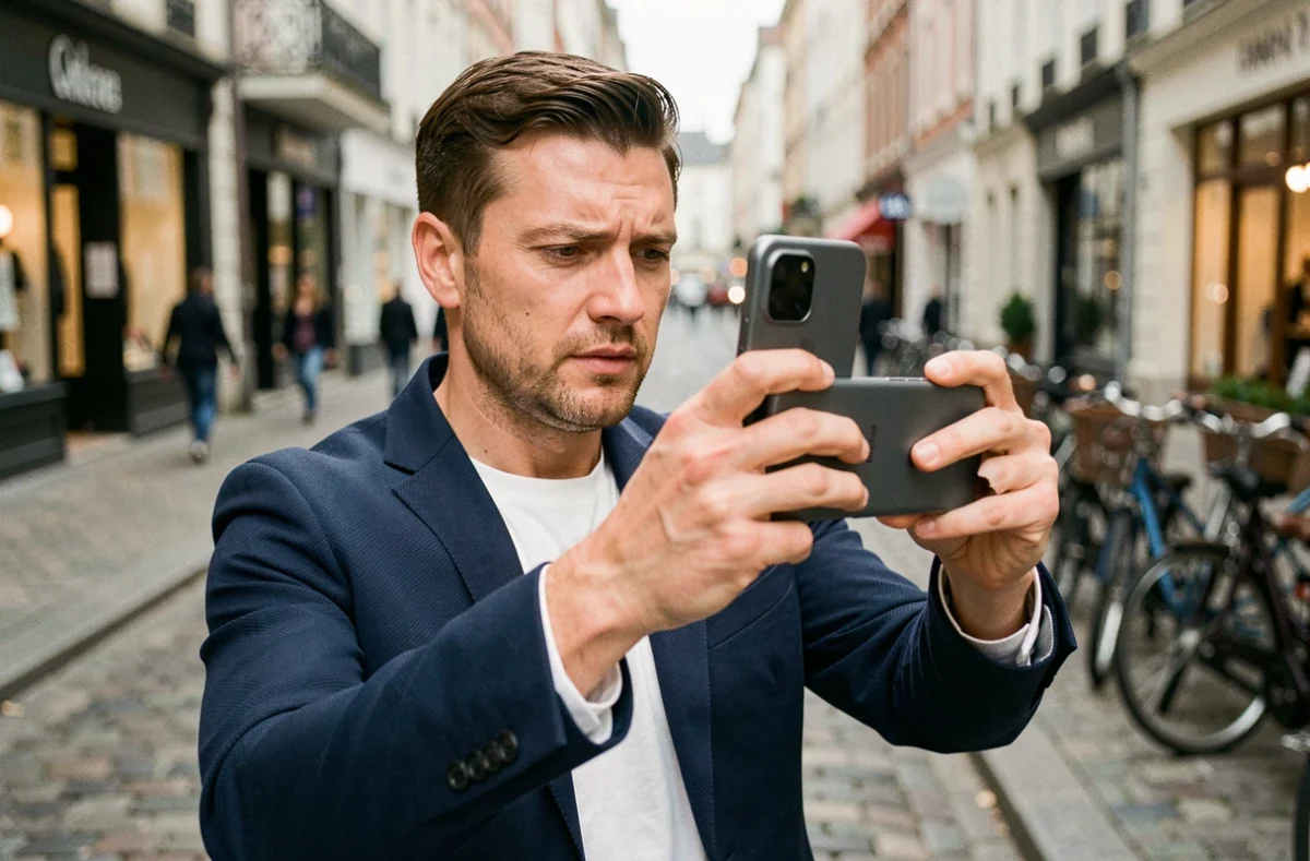 Homme utilisant l'appareil photo du Samsung Galaxy A55 dans une rue pavée européenne animée