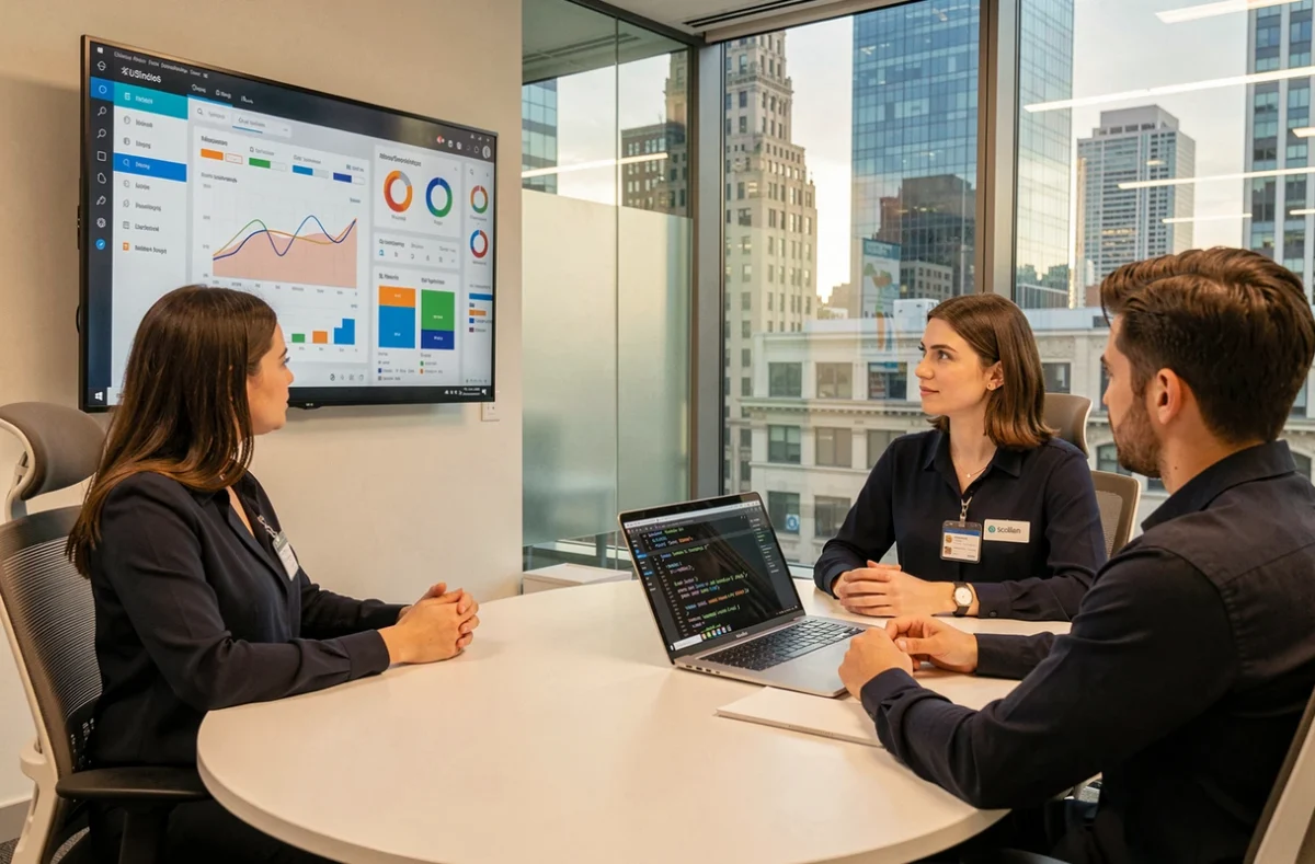 Ingénieure data de Scalian Normandie présentant des tableaux de bord interactifs lors d'une réunion analytique