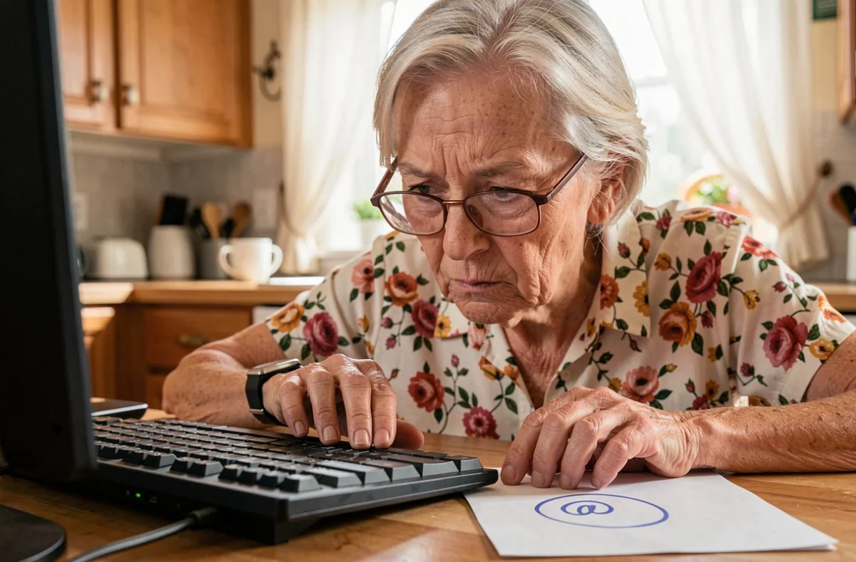 Femme âgée cherchant à faire un arobase sur un ordinateur avec une note manuscrite d'aide