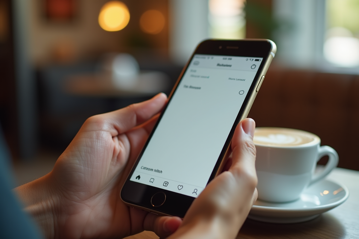 Femme modifiant une publication sur smartphone dans un café