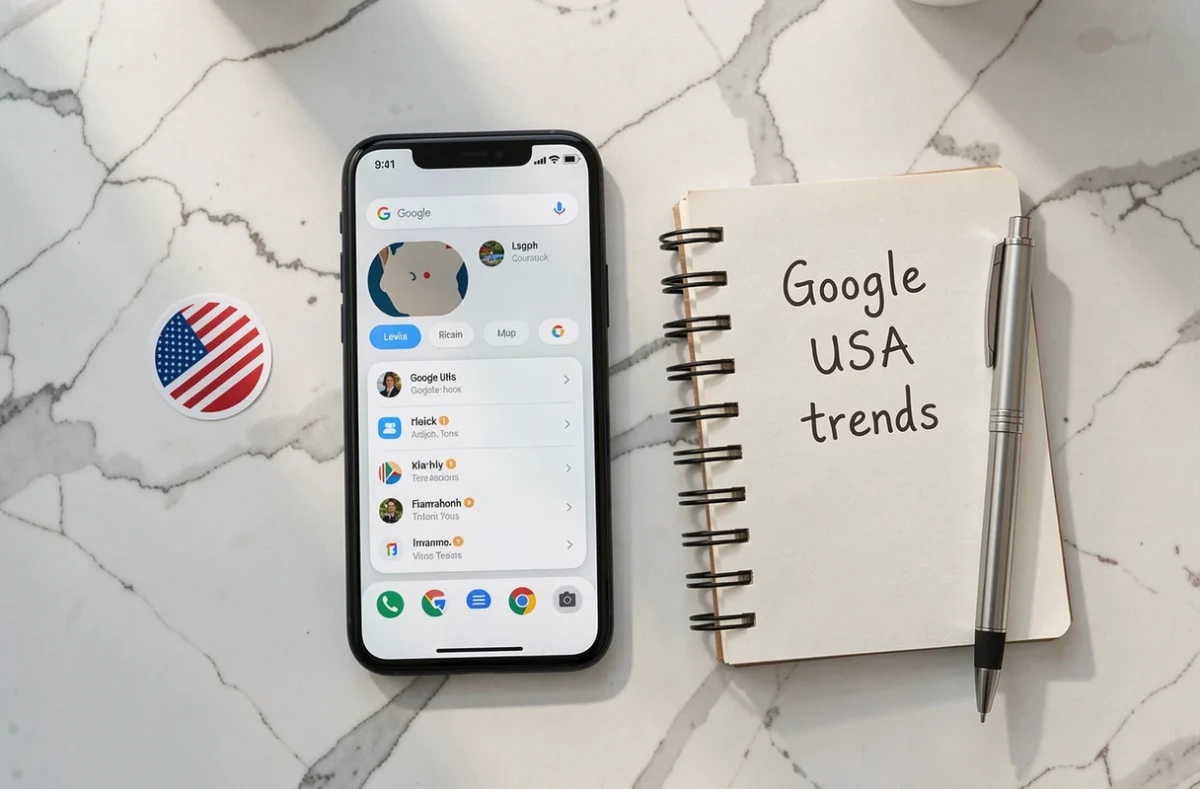 Smartphone affichant les paramètres Google USA posé sur un bureau avec un carnet de notes sur les tendances américaines