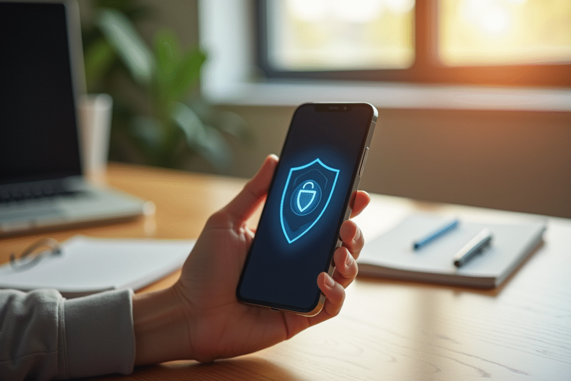 Smartphone sur bureau lumineux avec application de sécurité en cours