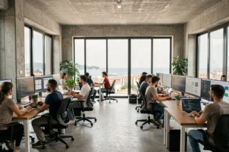 Équipe de développeurs logiciels collaborant dans un bureau moderne à Marseille avec vue sur les Bouches-du-Rhône