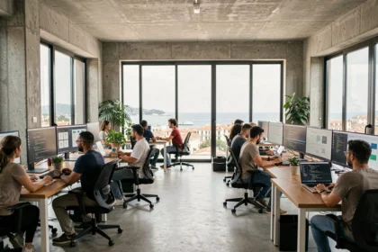 Équipe de développeurs logiciels collaborant dans un bureau moderne à Marseille avec vue sur les Bouches-du-Rhône