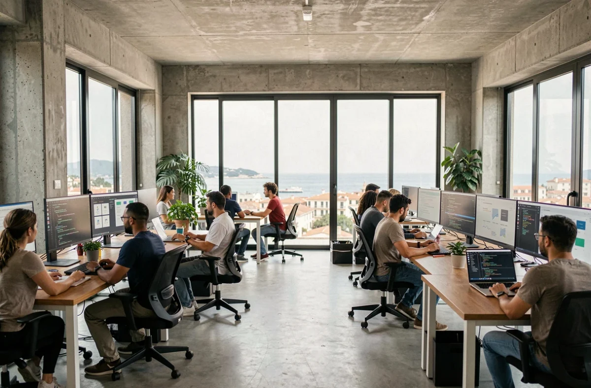 Équipe de développeurs logiciels collaborant dans un bureau moderne à Marseille avec vue sur les Bouches-du-Rhône