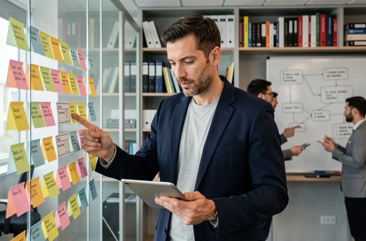 Consultant IT de SOKEO planifiant un sprint agile devant un tableau de gestion de projet en entreprise tech