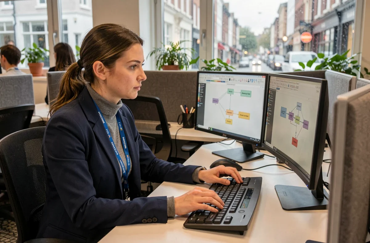 Ingénieure logicielle de Sopra Steria Normandie travaillant sur des diagrammes d'architecture applicative à son poste de travail