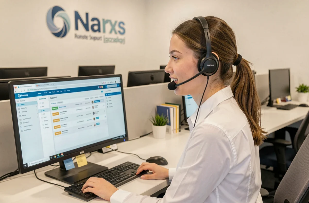 Technicienne de support informatique de Sos Futur en communication avec un client depuis un bureau helpdesk moderne à Nancy