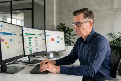 Homme en chemise bleue supervisant des tableaux de bord automatisés sur plusieurs écrans dans un bureau moderne, illustrant la gestion et le contrôle de l'automatisation