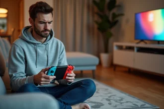 Jeune homme frustré tentant de synchroniser une manette Joy-Con Nintendo Switch dans un salon moderne