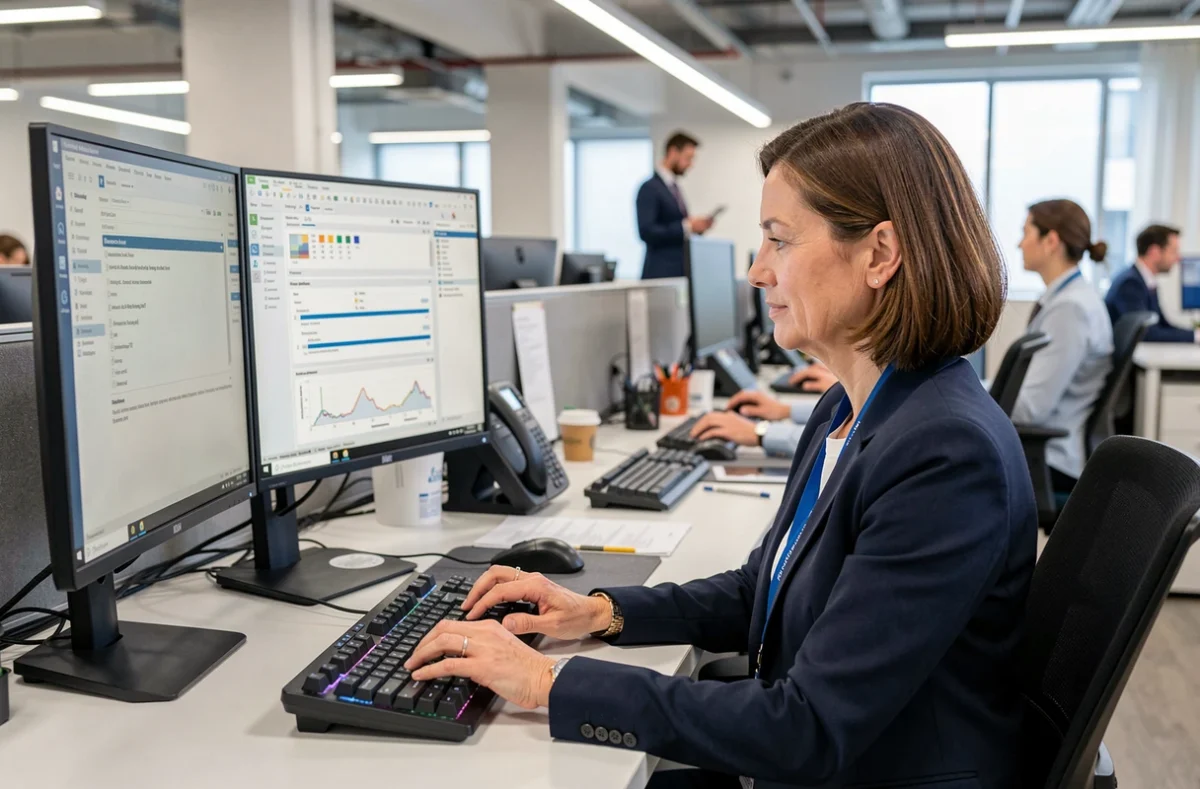 Professionnelle de Techni Pro Informatique Service travaillant sur des diagnostics système dans un bureau moderne