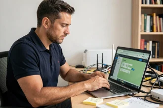 Technicien réseau configurant les paramètres IP d'un routeur Wi-Fi depuis un bureau à domicile