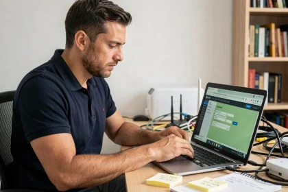 Technicien réseau configurant les paramètres IP d'un routeur Wi-Fi depuis un bureau à domicile