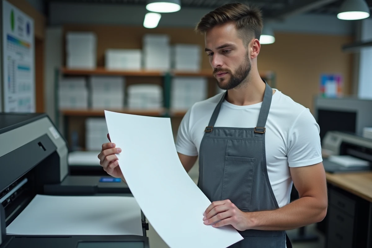 Technicien en imprimerie tenant une affiche A4 imprimée devant une imprimante professionnelle dans un atelier