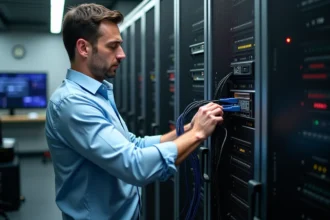 Technicien connectant un onduleur dans une salle serveurs moderne