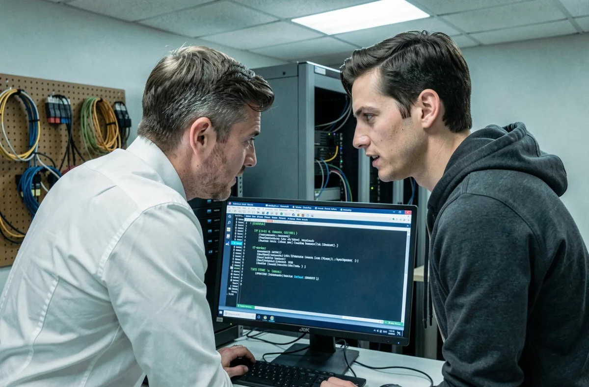 Deux techniciens informatiques diagnostiquant une erreur d'accès réseau dans une salle de serveurs