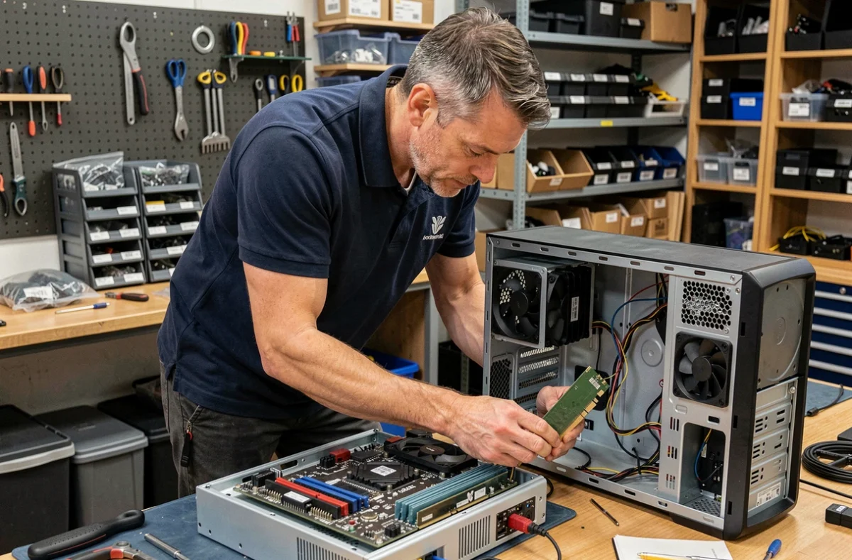 Technicien Technofix réparant un ordinateur de bureau sur un établi équipé dans un atelier informatique en Meurthe-et-Moselle