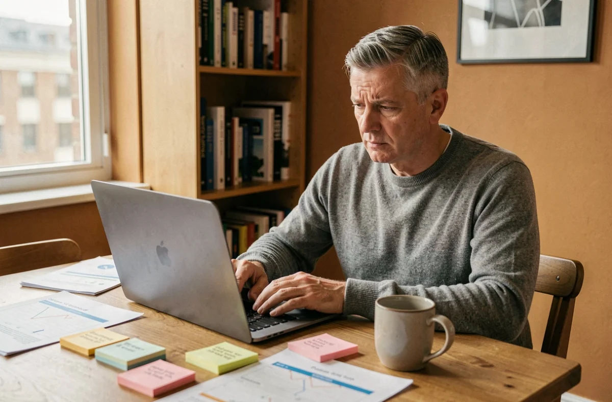 Professionnel en télétravail analysant des processus automatisés avec des notes et un ordinateur portable, évoquant les enjeux du contrôle humain face à l'automatisation